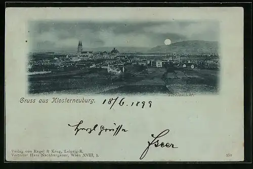 Mondschein-AK Klosterneuburg, Totalansicht bei Vollmond