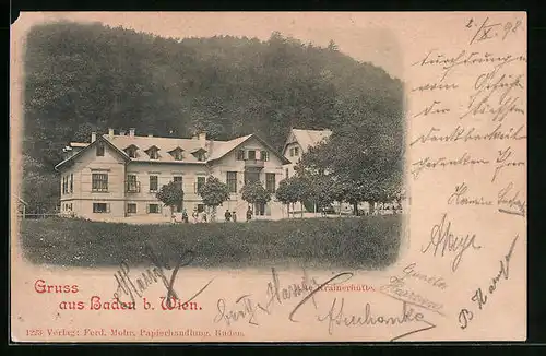 AK Baden /Wien, Besucher vor der Alten Krainerhütte