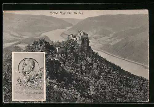 AK Aggstein, Ruine Aggstein aus der Vogelschau, Portrait Jos. Victor Scheffel