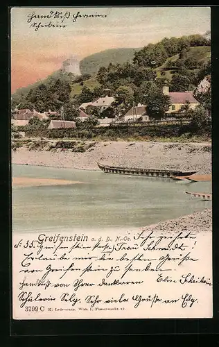 AK Greifenstein /Donau, Blick von der Donau zur Burgruine