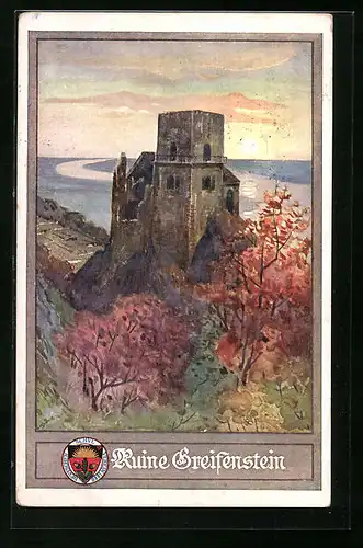 Künstler-AK Greifenstein, Burgruine an einem milden Herbstabend