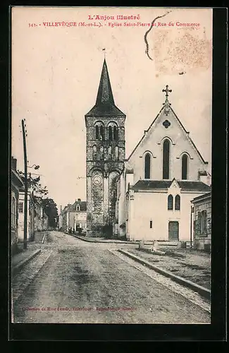 AK Villevèque, Eglise Saint-Pierre et Rue du Commerce