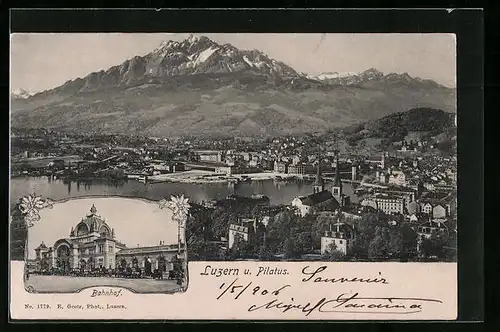 AK Luzern, Teilansicht mit Pilatus, Bahnhof