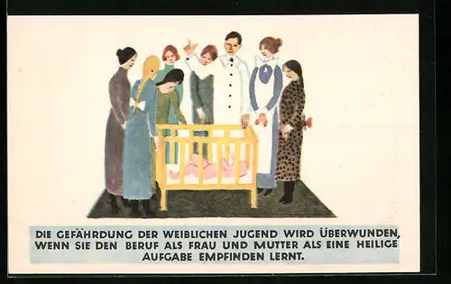 Künstler-AK Berlin, Ausstellung der freien Wohlfahrtspflege Fürsorge für die weibliche Jugend, Arzt bei Baby am Bett