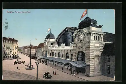 AK Basel, Bundesbahnhof aus der Vogelschau