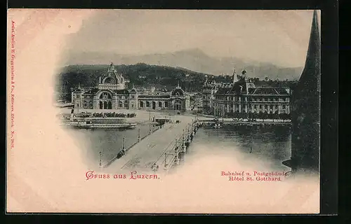 AK Luzern, Bahnhof und Postgebäude, Hotel St. Gotthard