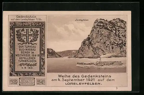 Künstler-AK Loreley, Gedenkstein für gefallene Turnbrüder, Loreleyfelsen