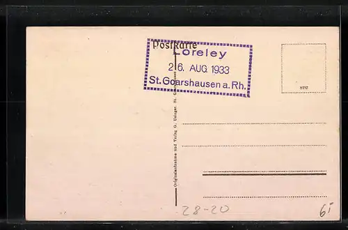 Künstler-AK Loreley, Gedenkstein für gefallene Turnbrüder, Loreleyfelsen