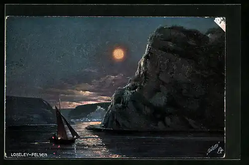 Künstler-AK Loreley, Loreleyfelsen bei Vollmond mit Segelboot
