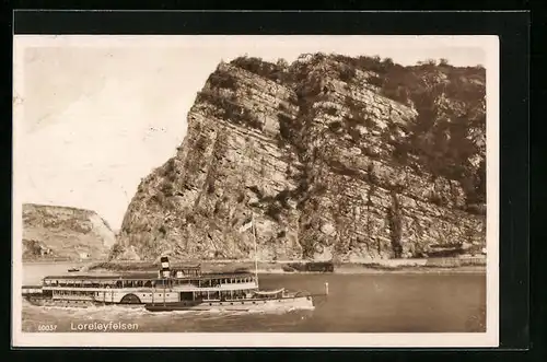AK Loreleyfelsen mit Rheindampfer