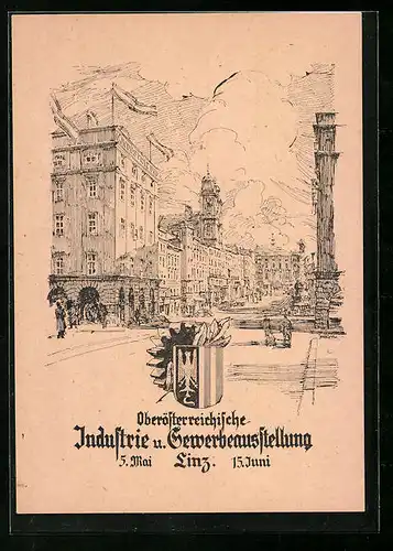 Künstler-AK Linz, Oberösterreichische Industrie- und Gewerbeausstellung 1946, Strasse in der Stadt