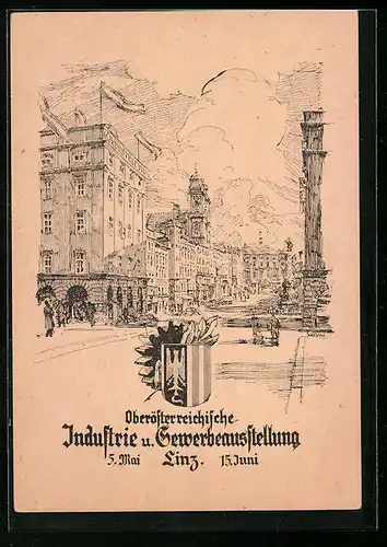 Künstler-AK Linz, Oberösterreichische Industrie- und Gewerbeausstellung 1946, Strassenpartie