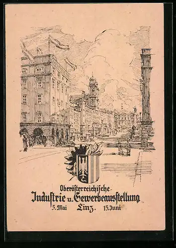 Künstler-AK Linz, Oberösterreichische Industrie- und Gewerbeausstellung 1946, Strassenpartie