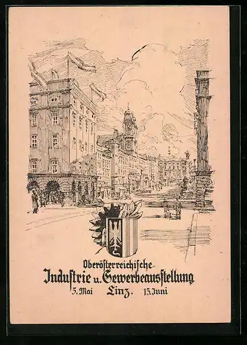 Künstler-AK Linz, Oberösterreichische Industrie- und Gewerbeausstellung 1946, Strasse im Stadtkern