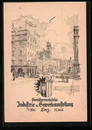 Künstler-AK Linz, Oberösterreichische Industrie- und Gewerbeausstellung 1946, Strasse im Zentrum