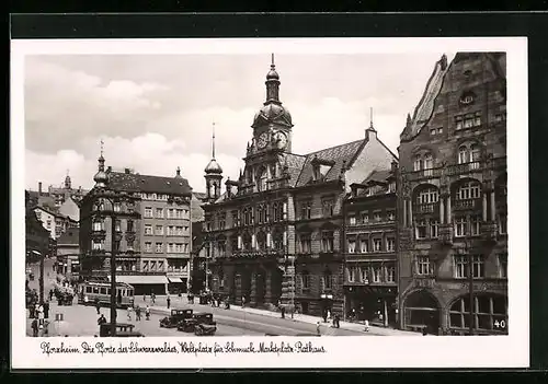 AK Pforzheim, Weltplatz für Schmuck, Marktplatz und Rathaus