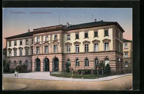 AK Pforzheim, Goldschmiedschule von der Strasse gesehen