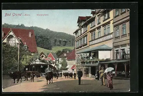 AK Bad Grund /harz, Marktplatz mit Römer`s Hotel