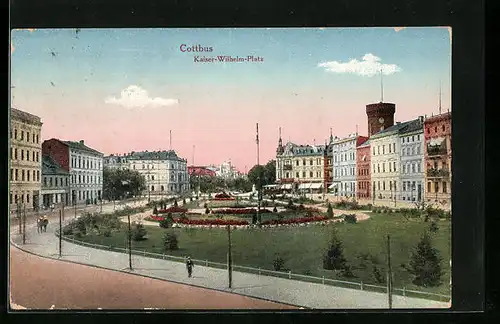 AK Cottbus, Kaiser-Wilhelm-Platz mit Grünanlagen