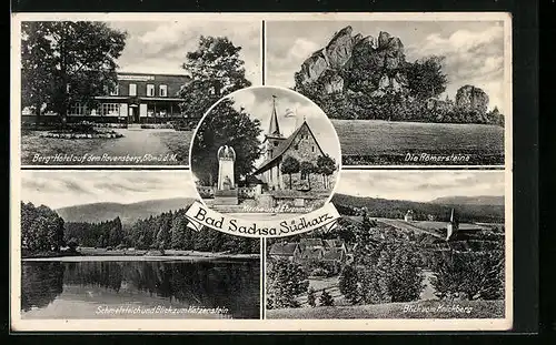 AK Bad Sachsa /Harz, Berg-Hotel auf dem Ravensberg, Römersteine, Kirche und Ehrenmal