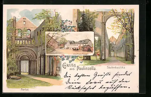 Lithographie Paulinzella, Gasthaus Menger, Säulenbasilika