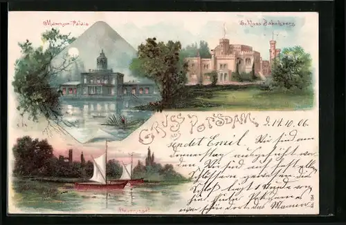 Lithographie Potsdam, Schloss Babelsberg, Marmor-Palais, Pfaueninsel