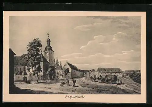 Künstler-AK Erfurt, Bauern vor der Hospitalkirche