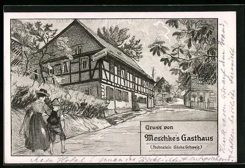 Künstler-AK Hohnstein, Strassenpartie mit Meschke`s Gasthaus