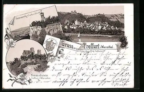 Lithographie Treffurt /Werrathal, Normannstein, Heldrastein, Totalansicht