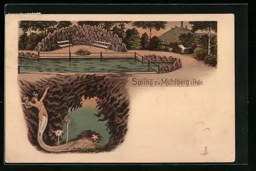 Lithographie Mühlberg, Spring, Quelle mit Fabelwesen