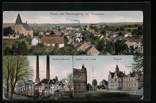 AK Oberlungwitz i. Sa., Elektrizitätswerk, Gasthof zum Lamm mit Rathaus, Totalansicht
