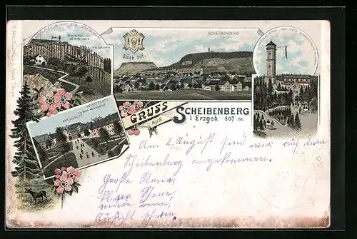 Lithographie Scheibenberg /Erzgeb., Carolathurm, Orgelpfeifen, Marktplatz mit Kaisers Restaurant