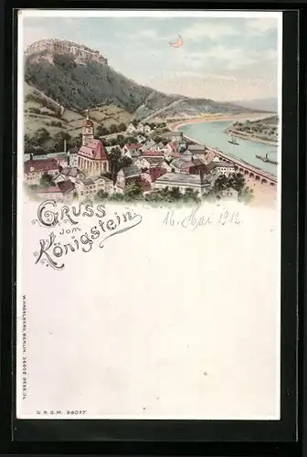 Lithographie Königstein, Panorama mit Blick zur Festung, Halt gegen das Licht: beleuchtete Fenster