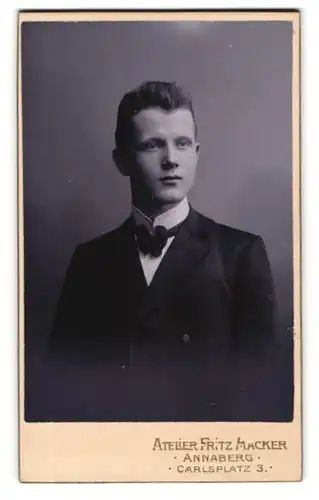Fotografie Fritz Hacker, Annaberg i /S., Carlsplatz 3, Junger Herr im Anzug mit Fliege