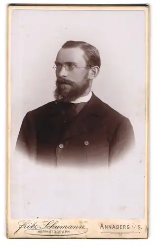 Fotografie Fritz Schumann, Annaberg i /S., Johannesgasse, Elegant gekleideter Herr im Brille und Vollbart