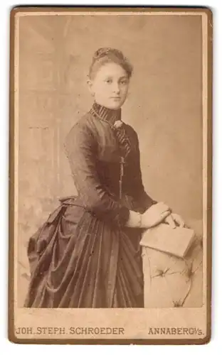 Fotografie J. S. Schroeder, Annaberg i /S., Carlsplatz 756, Junge Dame im Kleid mit einem Buch