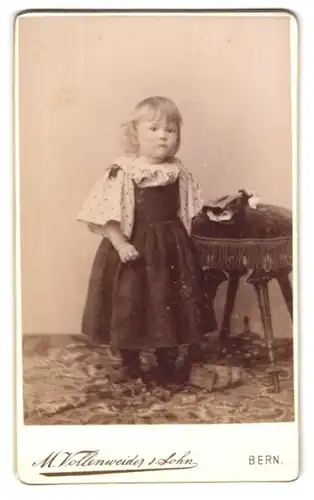 Fotografie M. Vollenweider & Sohn, Bern, Postgasse 68, Kleines Mädchen im modischen Kleid mit Puppe