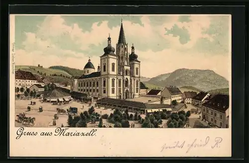 Lithographie Mariazell, Wallfahrtskirche und Marktstände