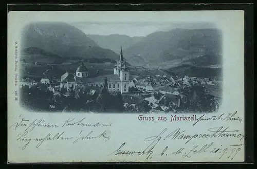 Mondschein-AK Mariazell, Ortsansicht aus der Vogelschau