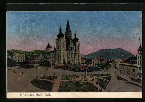 Luna-AK Mariazell, Kirche und Marktstände