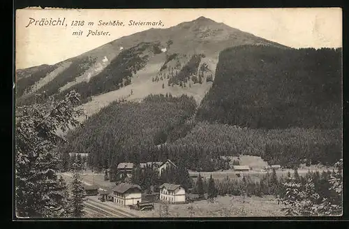 AK Prebichl, Ortsansicht mit Bahnhof gegen Polster