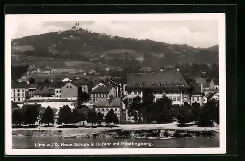 AK Linz a. D., Neue Schule in Urfahr mit Pöstlingberg