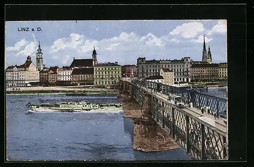 AK Linz a. D., Uferpartie mit Brücke und Dampfer