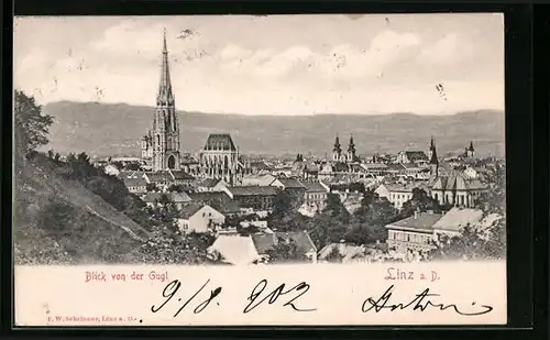 AK Linz a. D., Blick von der Gugl mit Kirche