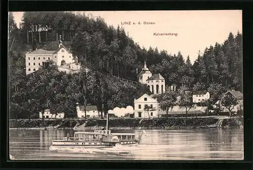 AK Linz a. d. Donau, Kalvarienberg mit Dampfer