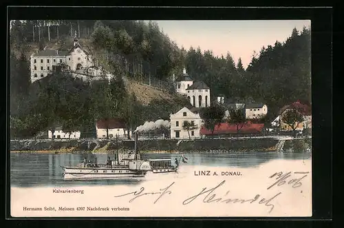 AK Linz a. Donau, Kalvarienberg mit Kirche und Dampfer