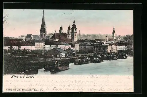AK Linz a. d. Donau, Uferpartie mit Kirche