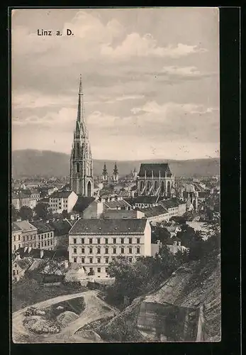 AK Linz a. D., Ortspartie mit Kirche
