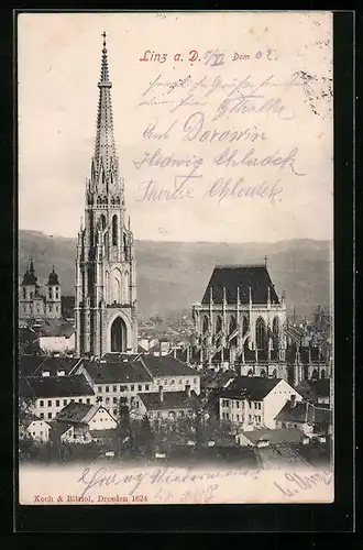 AK Linz a. D., Ortspartie vom Dom aus der Vogelschau