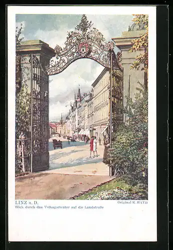 AK Linz a. D., Blick durch das Volksgartentor auf die belebte Landstrasse